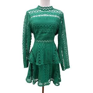 Endless Rose Emerald Green Crochet Lace Mini Dress Large Long Sleeve Mock Neck